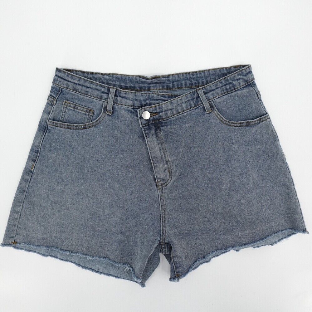 Genleck Shorts Women XL Extra Large Blue Denim Crossover Fly Cut Off Hem Stretch